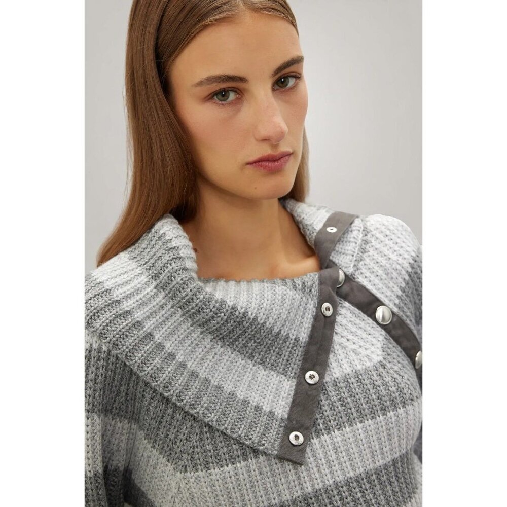 Derek Lam 10 Crosby Gray Striped Button Neck Sweater Ribbed Knit Small - Picture 3 of 7